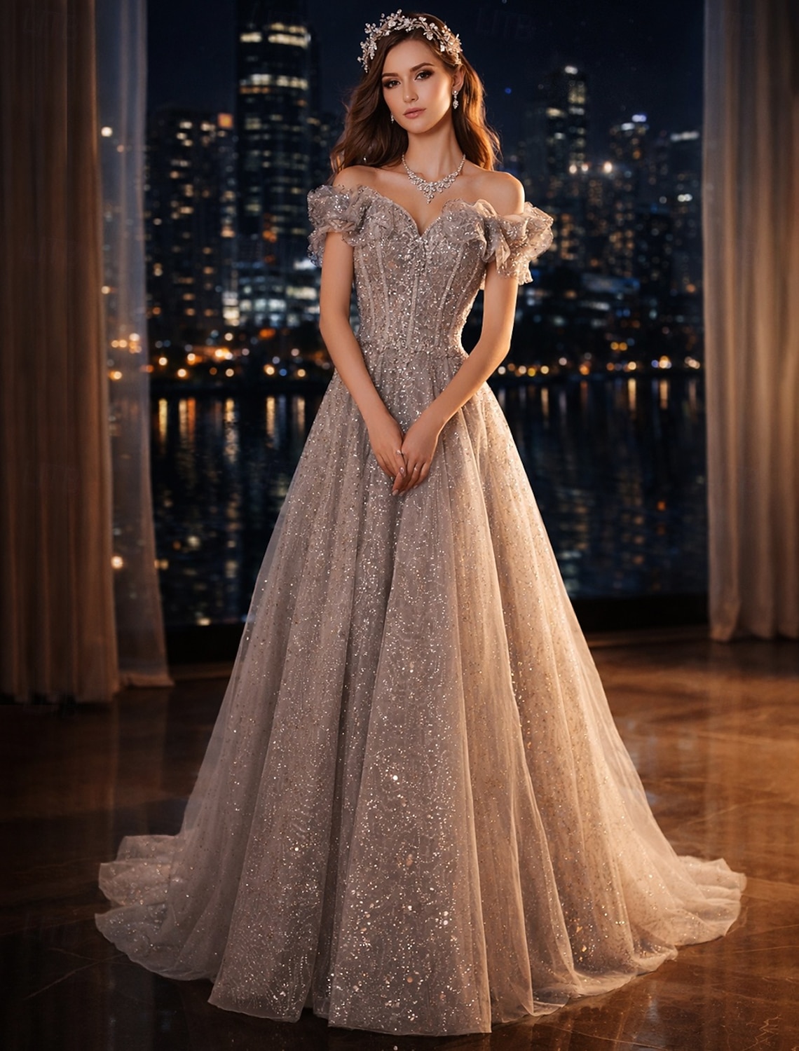 A-Line Floor Length Prom Dresses Elegant Sparkle & Shine Tiered Plisse Short Sleeve Off Shoulder Wedding Guest Party Wear Tulle with Embroidery Tiered