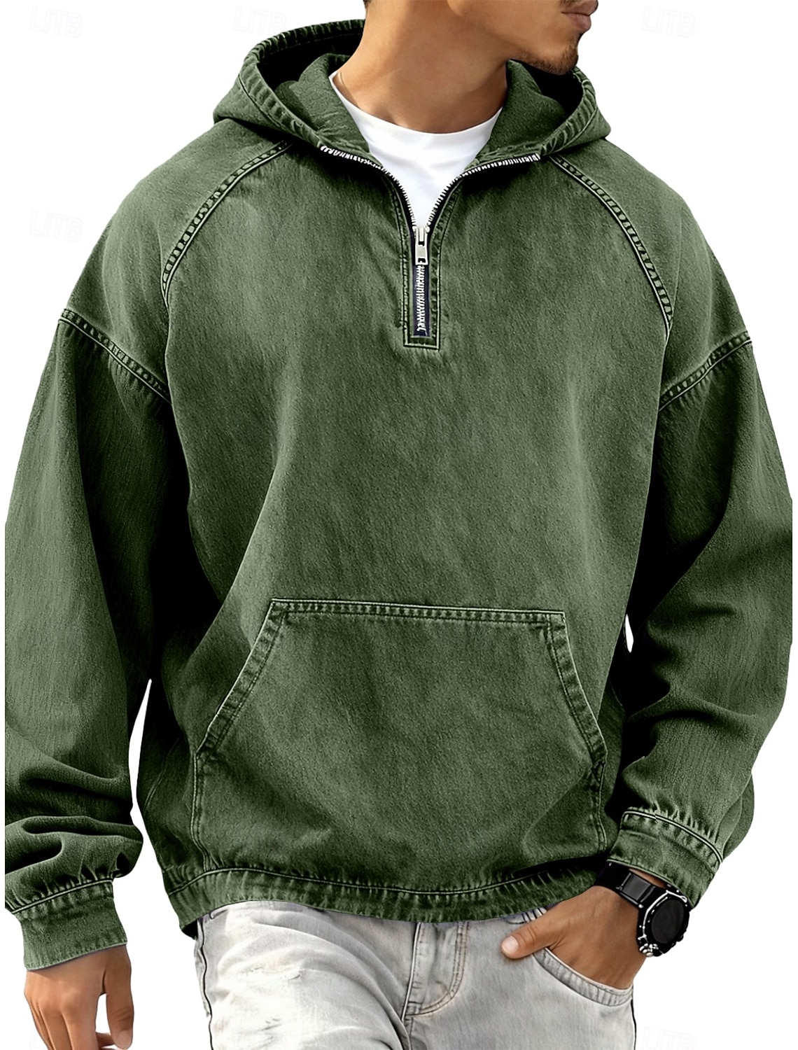 Men's Denim Shirt 100% Cotton Acid Wash Tee Top Long Sleeve Hooded