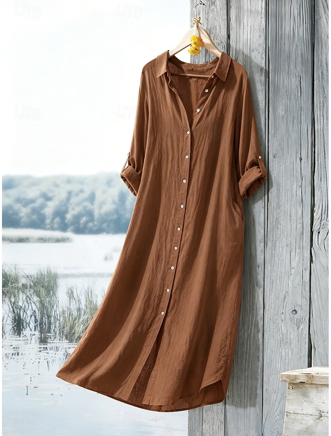 Women's Cotton Linen Maxi Dress Shirt Dress Shift Dress Casual Daily Loose Fit Plain Long Sleeve Lapel Blue Black White Light Green Summer Spring Fall