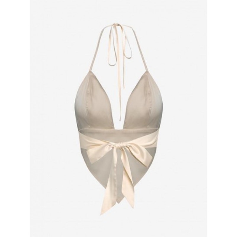 Halter Back Tie Satin Irregular Plunge Top XD4365