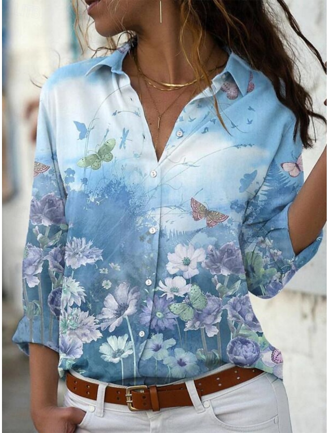 Women's Shirt Blouse Stylish Casual Floral Regular Tops Long Sleeve Shirt Collar Buttons Print Regular Fit Daily Summer Spring