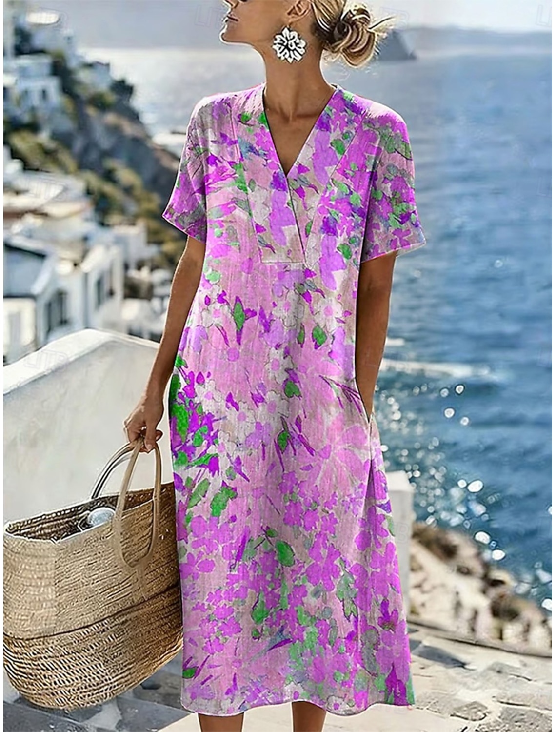 Women's Midi Dress Sundress Casual Dress Vacation Casual Beach Beach Loose Fit Floral Graphic Short Sleeve V Neck Blue Yellow Pink Purple Summer Spring