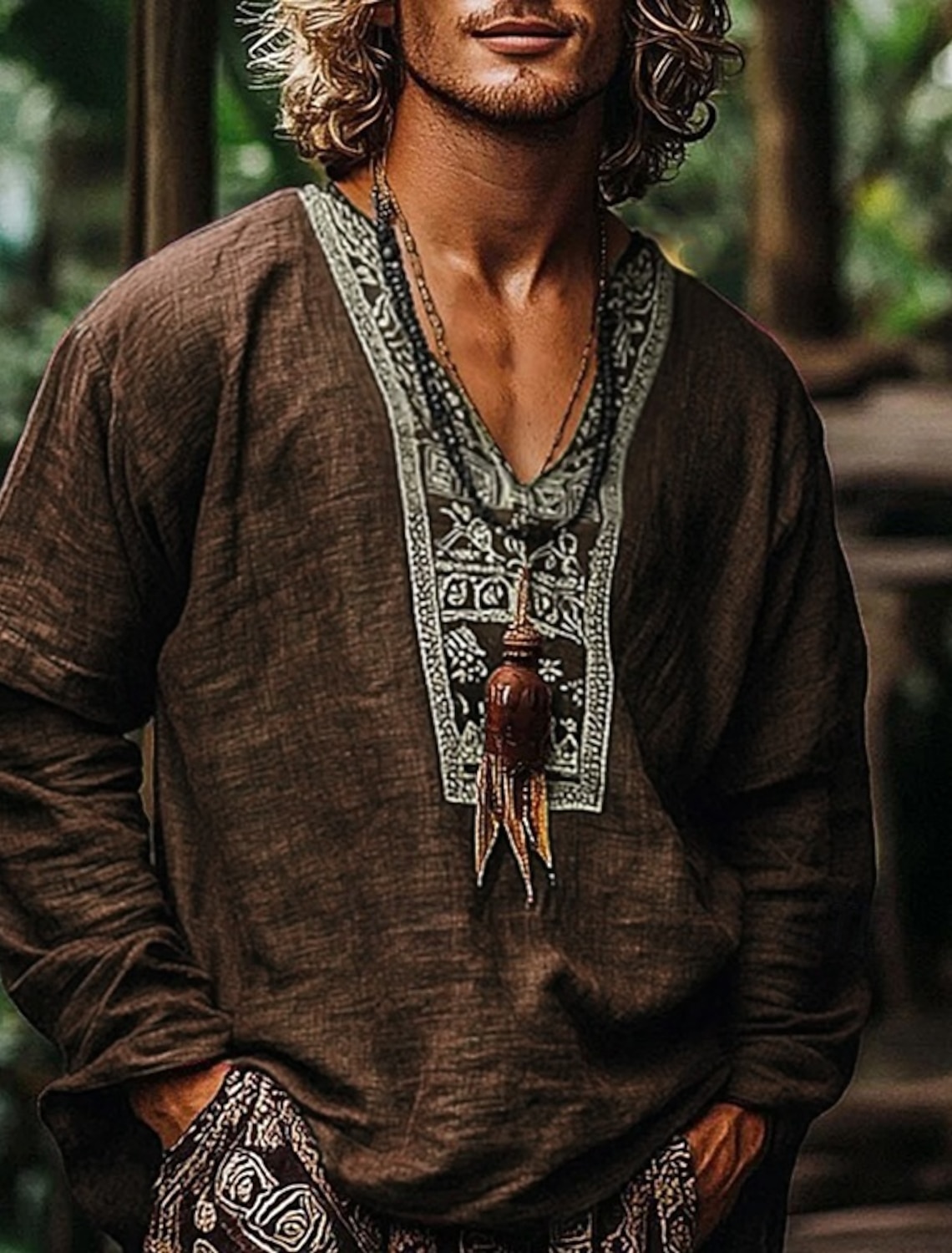 Men's Shirt Linen Popover Summer Beach Wear Retro Shirts Ethnic