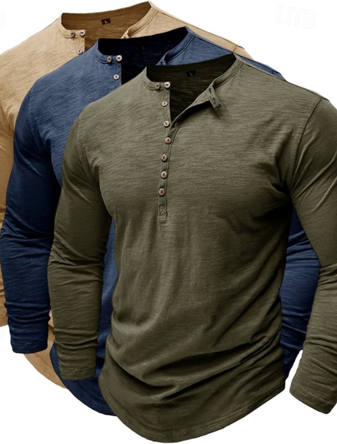 3pcs Men's Henley Shirt Tee Top Long Sleeve Solid Color Fashion Daily
