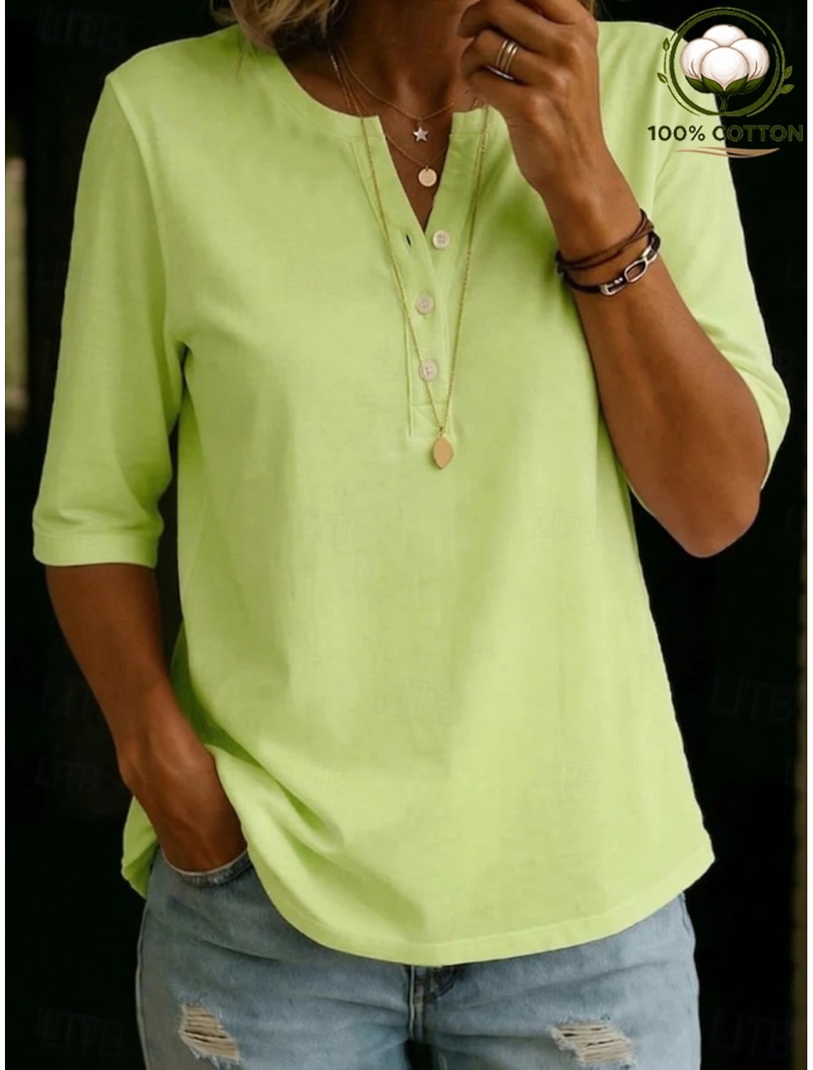 Women's 100% Cotton T-Shirts - Quality Heavy Long Sleeve Crew Neck Tee