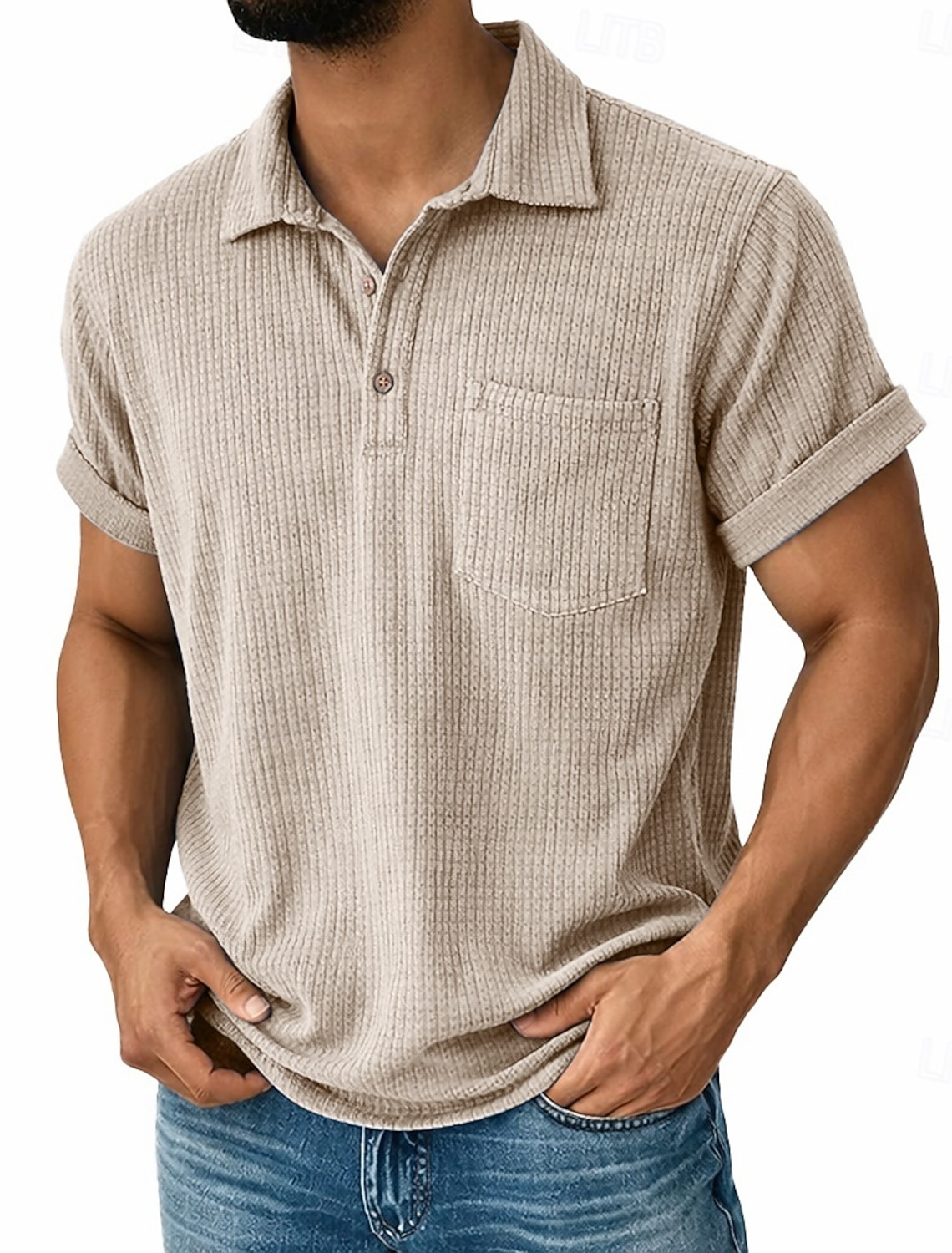 Men's Shirt Popover Casual Corduroy Blue Green Apricot Short Sleeve