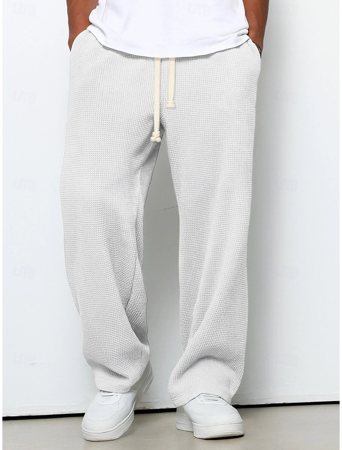 Men's Straight Leg Sweatpants Waffle Pants Drawstring Lattice