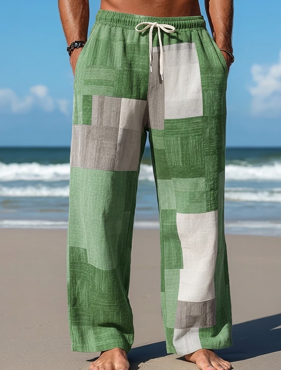 Men's Geometric Color Block Patchwork Trousers Baggy Pants Casual Mid