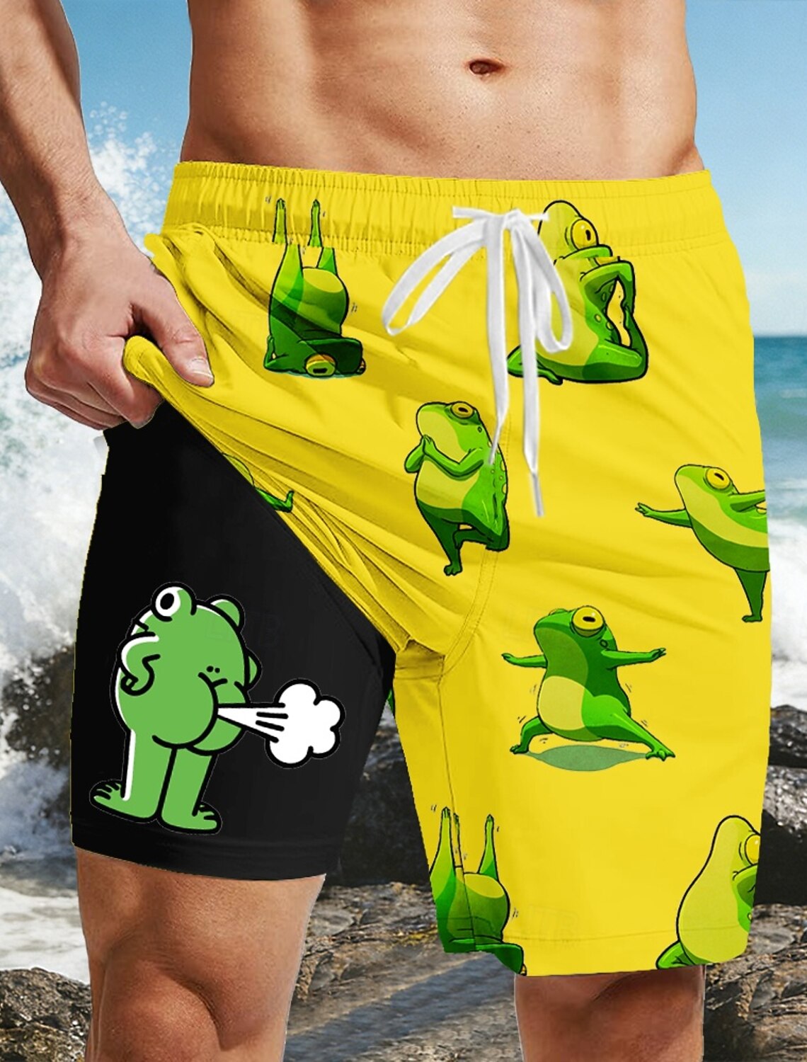 Men's Funny Duck Slang Lined Shorts 2 in 1 Board Swim Mid Waist