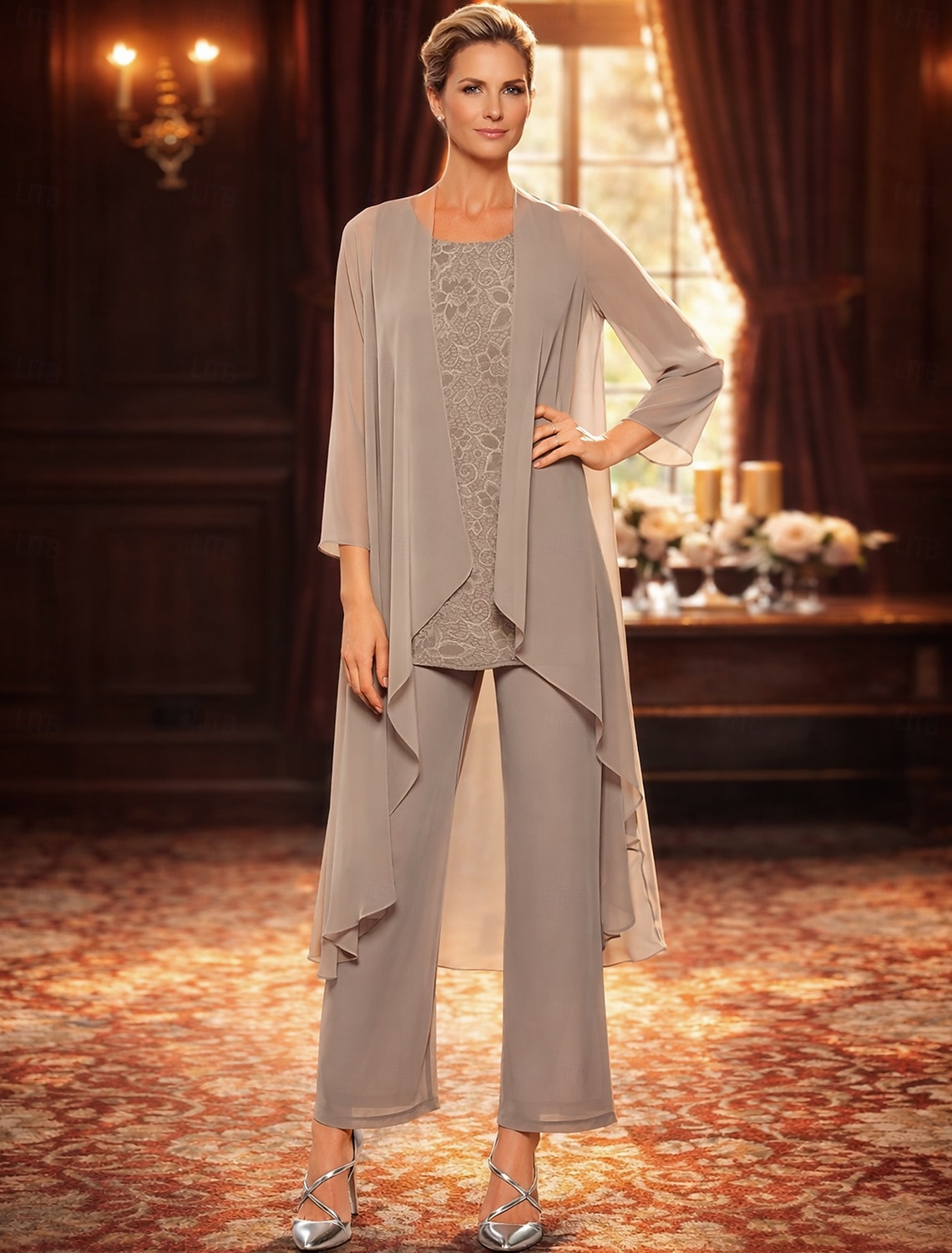 Jumpsuit Pantsuit 3 Piece Floor Length Mother of the Bride Dress Long Sleeve Jewel Neck Elegant Formal Wedding Guest Chiffon Wrap Included with Lace Solid Color
