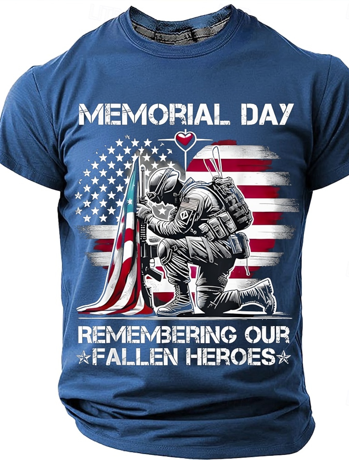 Memorial Day Remembering Our Fallen Heroes Men's American Flag Heart Kneeling Soldier Patriotic Military Graphic T Shirt Distressed Vintage Short Sleeve Tee Clothing Apparel S M L XL XXL XXXL
