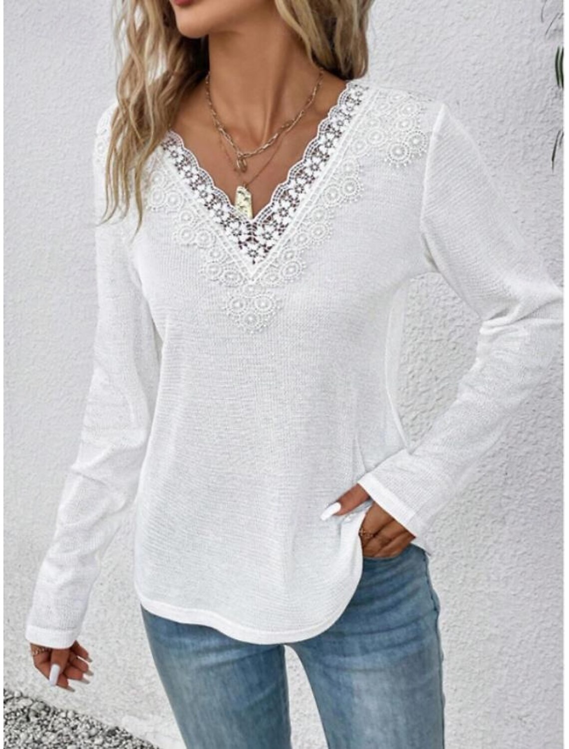 Women's Elegant Lace Tops Eyelet Blouse Casual Lace Long Sleeve Regular Tops V Neck Daily Romantic Petite Tops Summer Holiday Wear Spring Fall Semi Formal Blouses