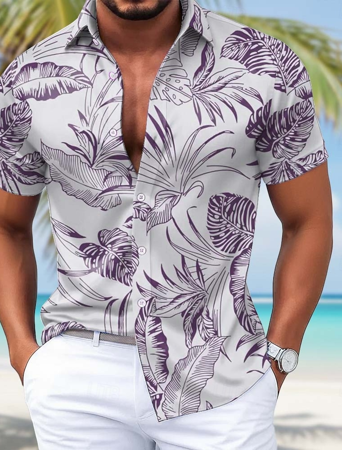 Men's Palm Leaf Tropical Plants Satin Shirt Hawaiian Shirt Aloha Shirt Short Sleeve Hawaiian Daily Vacation Summer Spring Turndown 3D Print Button Up Shirts Blue Purple Green Light Grey
