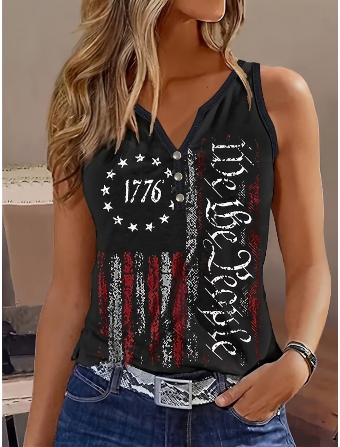 Independence Day Patriotic Women's T Shirt Flag Stylish Classic Sleeveless V Neck Notched Neck Regular Tops Daily Buttons Print Blue Summer Spring