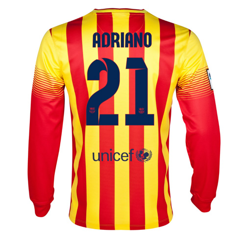 13-14 Barcelona 21 Adriano Away Long Sleeve Soccer Jersey Shirt -