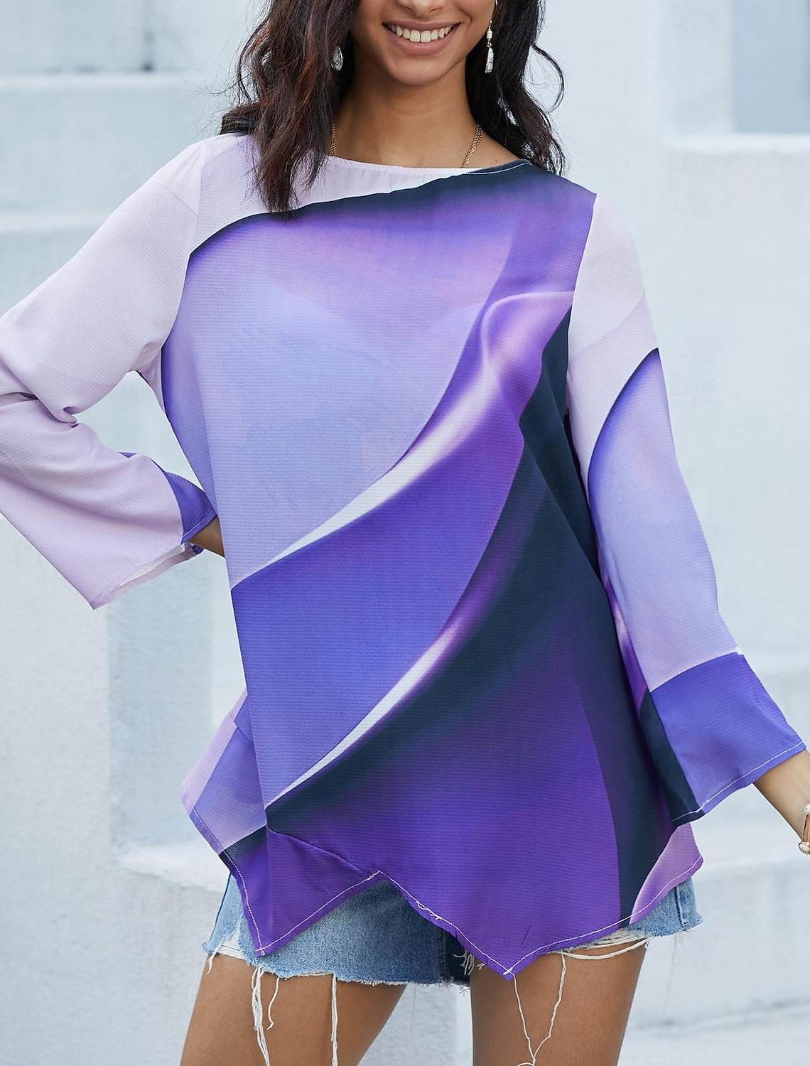 Women's Blouse Long Sleeve Asymmetrical Hem Tunic Top Chiffon Stylish Neon & Bright Ombre Print Asymmetric Hem Long Tops Round Neck Casual Daily Pink Purple Orange Green Gray Spring Fall