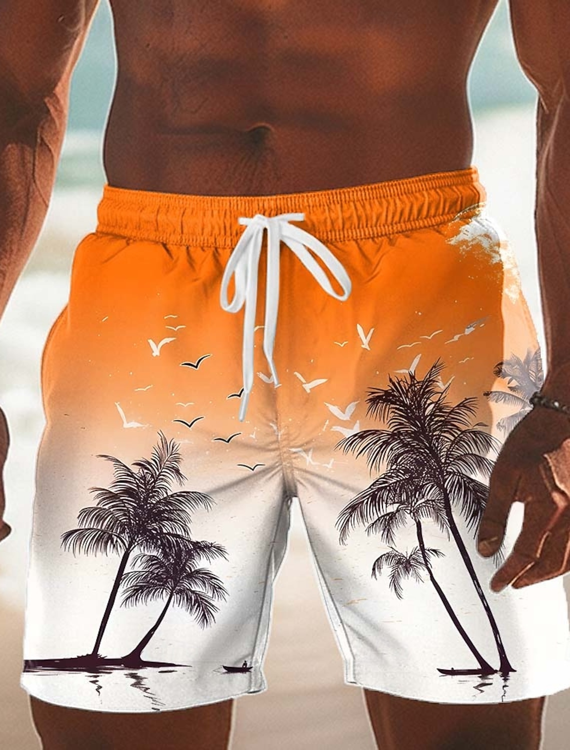 Men's Coconut Tree Gradient Color Tropical Plants Swim Trunks Swim Shorts Board Shorts Mid Waist Hawaiian Beach Vacation Wear Side Pockets Mesh Lining Elastic Drawstring Waist Designer Clothing