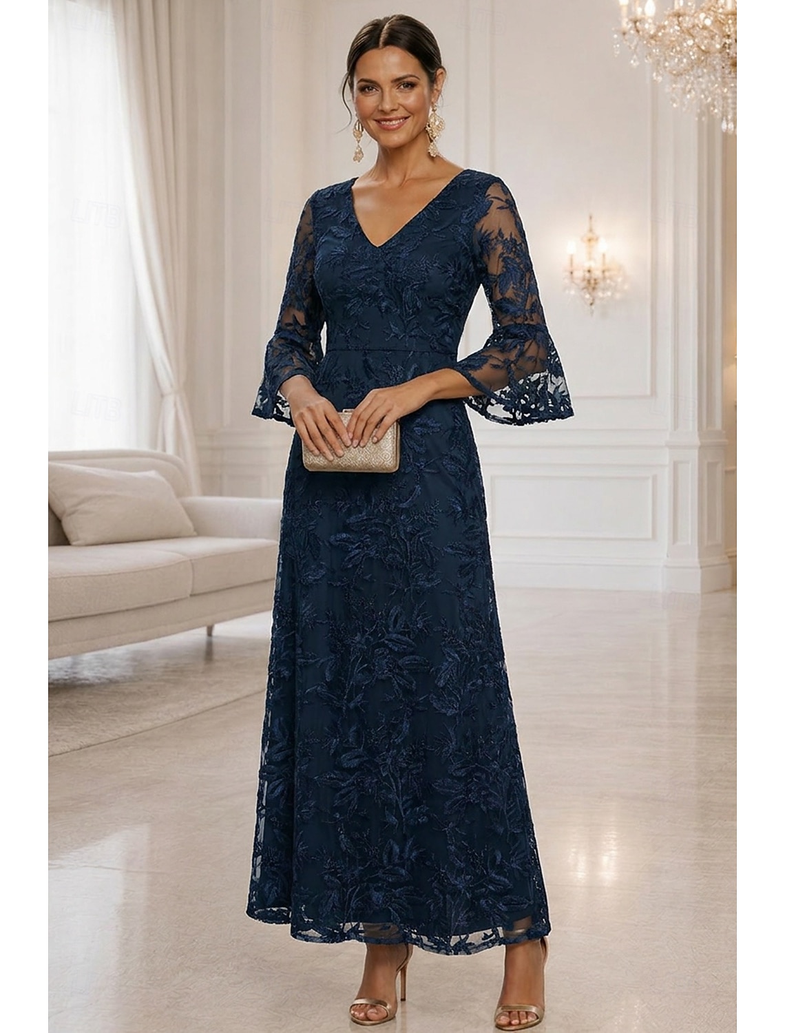 A-Line Dress Floor Length Ankle Length Cocktail Dress Mother of the Bride Dress 3/4 Length Sleeve V Neck Elegant Simple Casual Formal Wedding Guest Semi Formal Lace with Embroidery Appliques