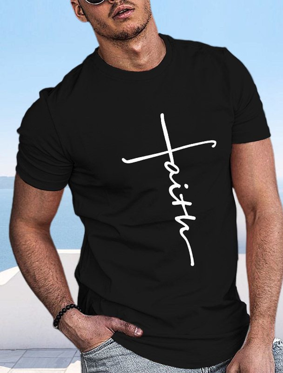 Mens Faith Hope Love T-Shirt, Christian Inspirational Graphic Tee with Heartbeat Cross Design