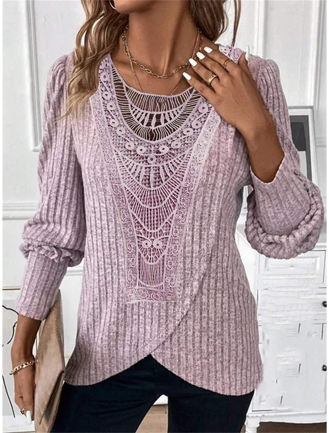 Women's Blouse Dressy Tops Casual Lace Long Sleeve Regular Tops Crew Neck Daily Spring & Fall