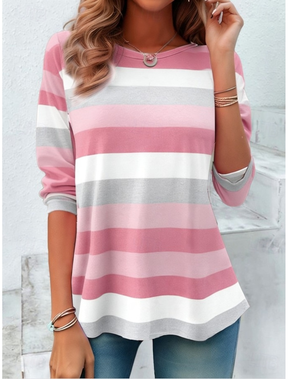 Women's T Shirt Print Graphic Geometric Striped Vintage Fashion Stylish Long Sleeve Crew Neck Regular Tops Daily Blue Light Green Pink Red Navy Blue Summer Spring
