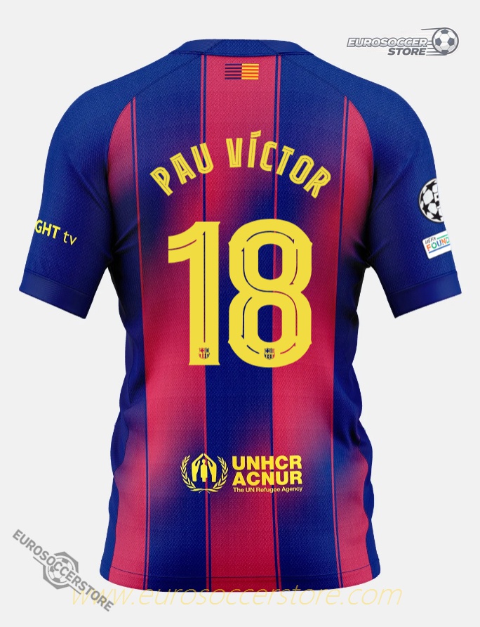 Barcelona's 25-26 Champions League Home Jersey featuring PAU VÍCTOR with the number 18.