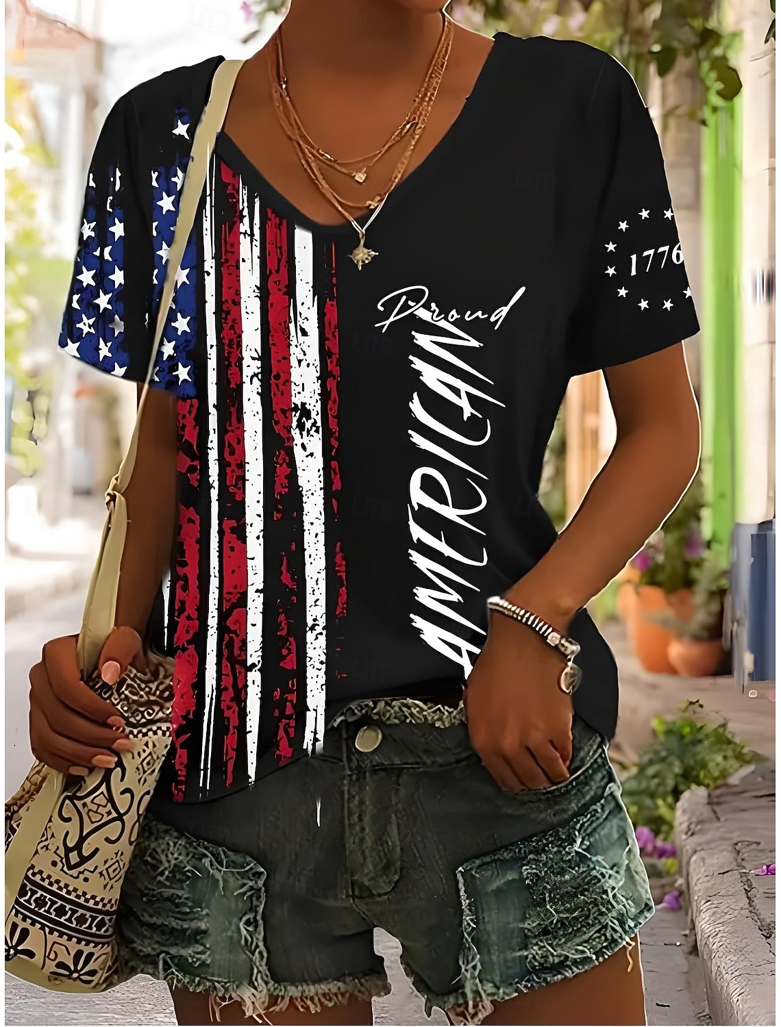 Independence Day Patriotic Women's T Shirt Flag Flag National Flag Stylish Casual Red White And Blue Short Sleeve V Neck Regular Tops Daily Print Black Summer Spring
