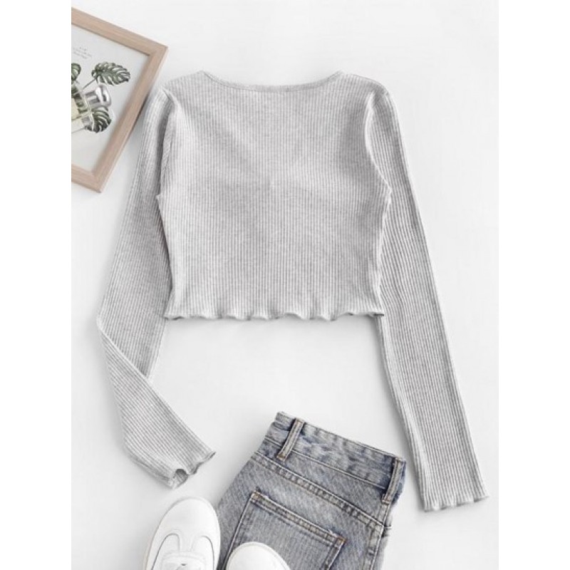 Rib-knit Lettuce Trim Marled Keyhole Baby Tee PE1950