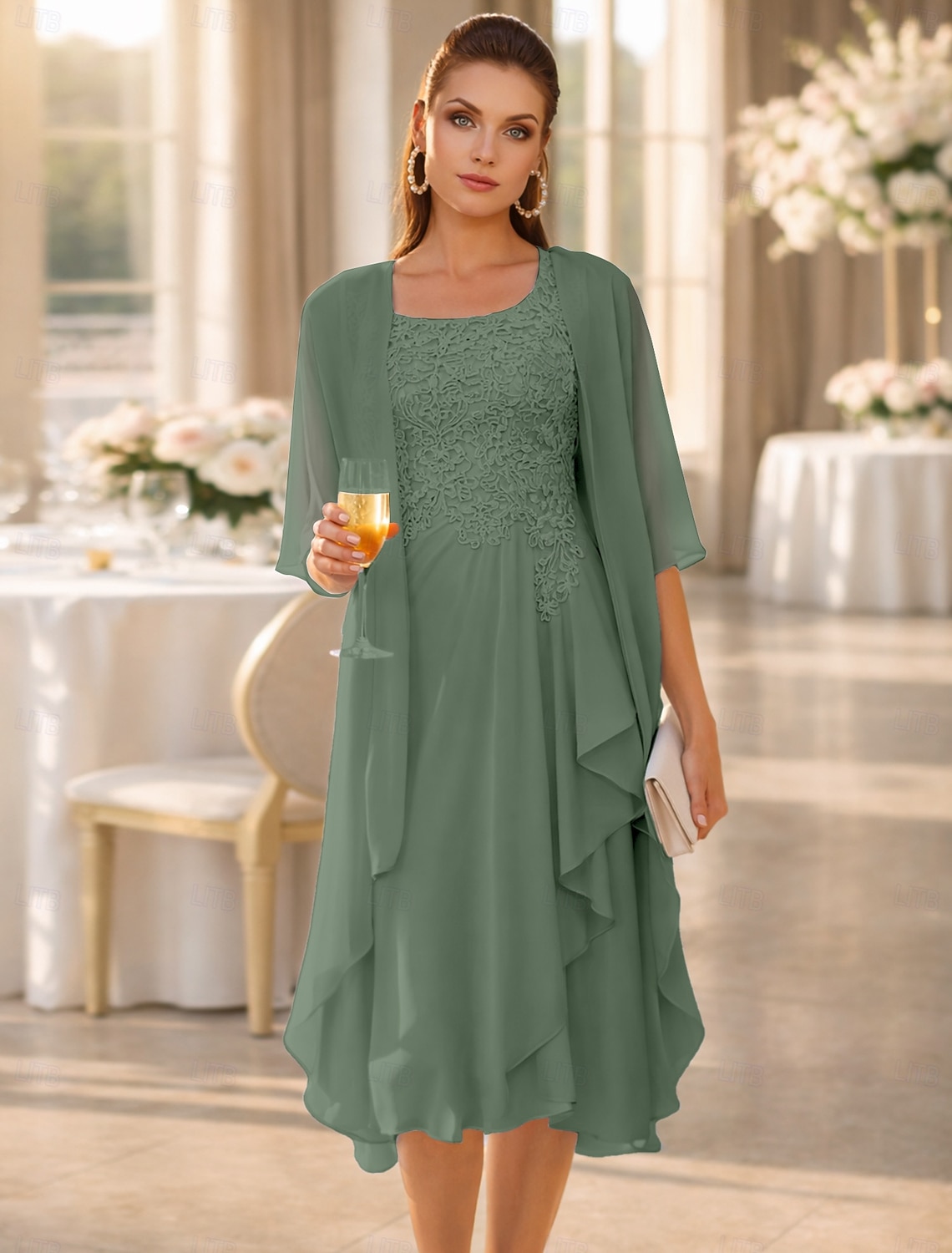 Two Piece A-Line Knee Length Wedding Guest Dress Mother of the Bride Dress Sleeveless Scoop Neck Elegant Wedding Guest Wedding Party Chiffon Lace Jacket Dresses with Pleats Appliques