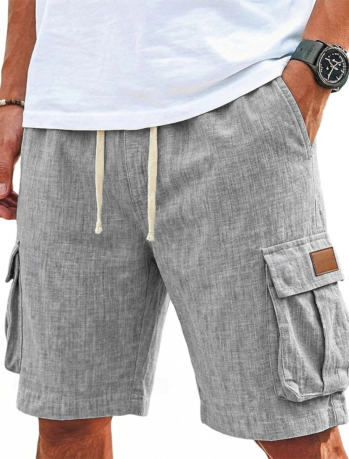 Men's Shorts Linen Shorts Summer Shorts Beach Shorts Drawstring Elastic Waist Multi Pocket Plain Comfort Breathable Knee Length Daily Outdoor Holiday Vacation Fashion Black Green Inelastic