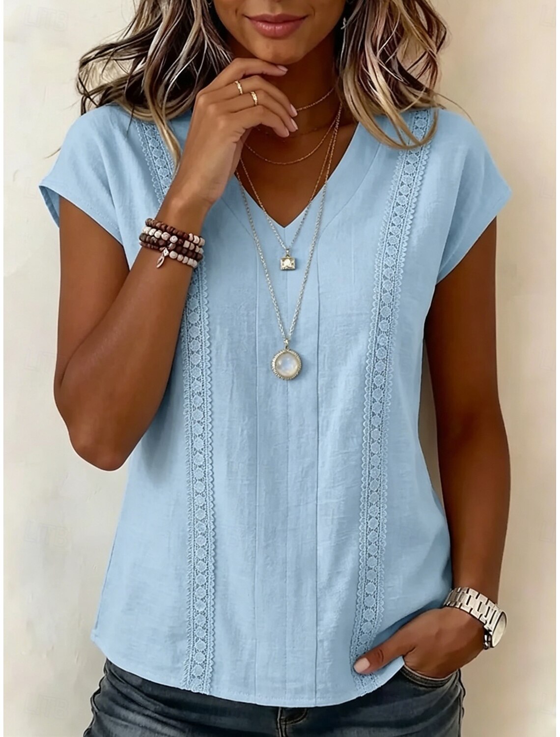 Women's Blouse Plain Stylish Classic Short Sleeve V Neck Regular Tops Casual Blue Pink Apricot Summer Spring