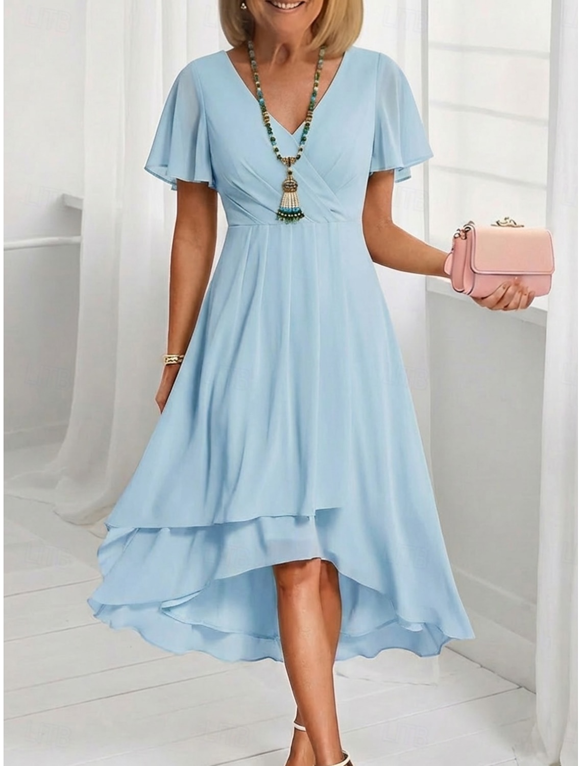 Women's Midi Dress Chiffon Dress Casual Dress Swing Dress Elegant Fashion Modern Outdoor Vacation Going out Regular Fit Plain Short Sleeve V Neck Blue Light Pink Light Green Purple Summer Spring