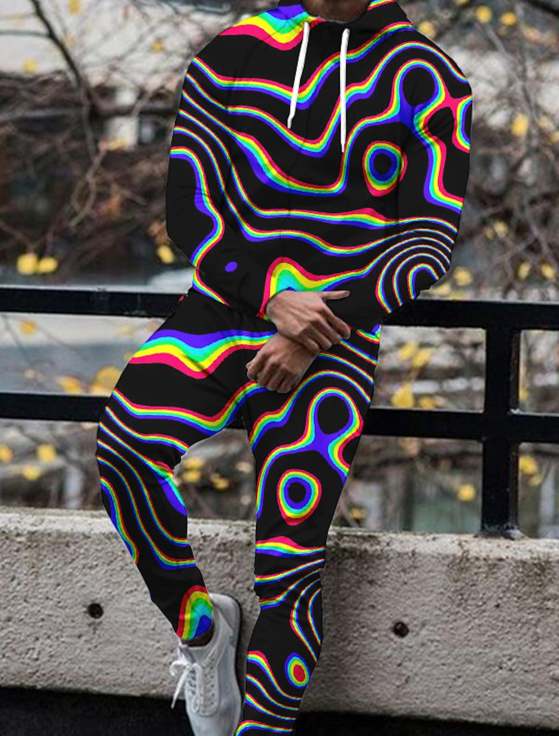 Men's Graphic Abstract 2pcs 3D Sweatshirt Sets Hoodie Tracksuit Long Sleeve Long pants Hooded Fashion Streetwear Casual Daily Sports Going out 3D Print Spring & Fall Black White