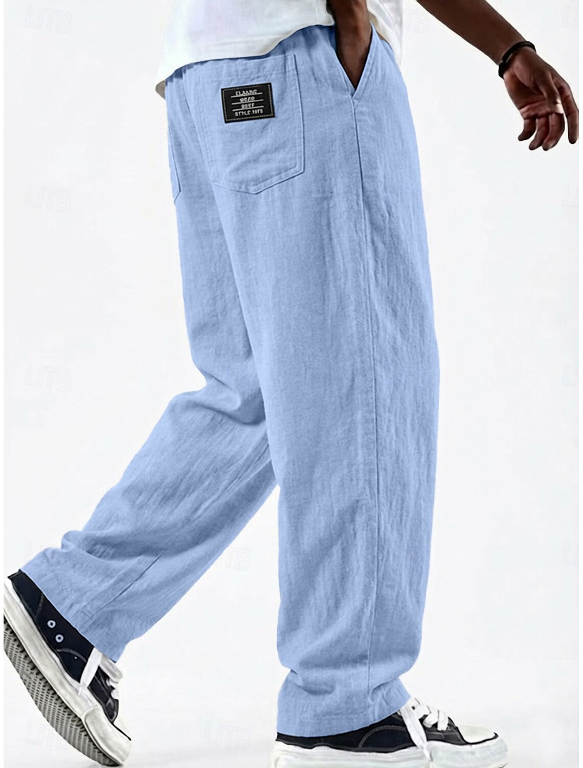 Men's Linen Pants Trousers Summer Baggy Pocket Elastic Waist Straight