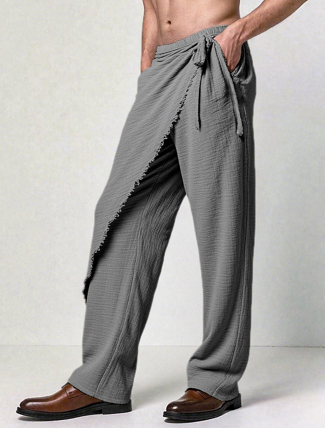 Men's Linen Pants Trousers Summer Drawstring Elastic Waist Straight