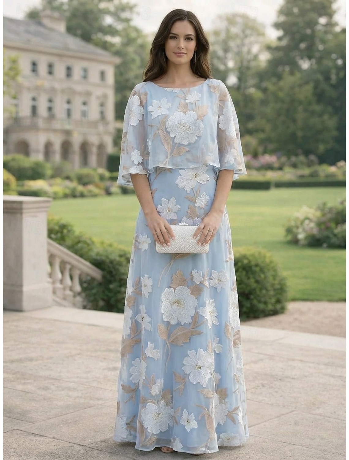 A-Line Dress Floor Length Party Dress Cocktail Dress Mother of the Bride Dress Half Sleeve Boat Neck Elegant Vintage Formal Wedding Guest Holiday Chiffon with Floral Print Ruffles Appliques
