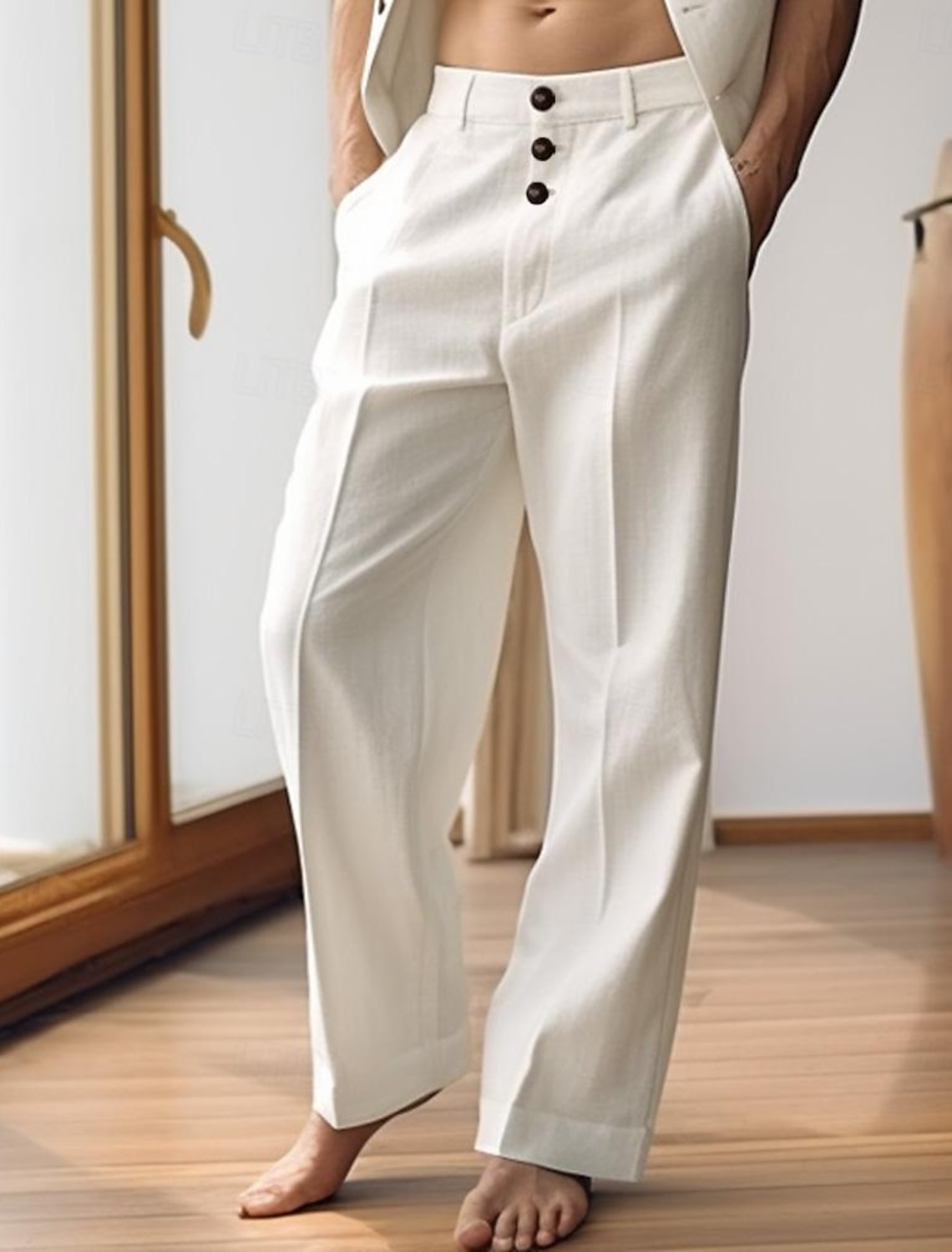 40% Linen Men's Pants Trousers Summer Pocket Buttons Straight Leg