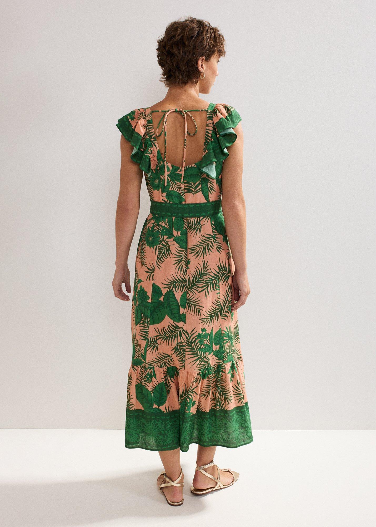 Sandra Frill Sleeve Palm Midi Dress