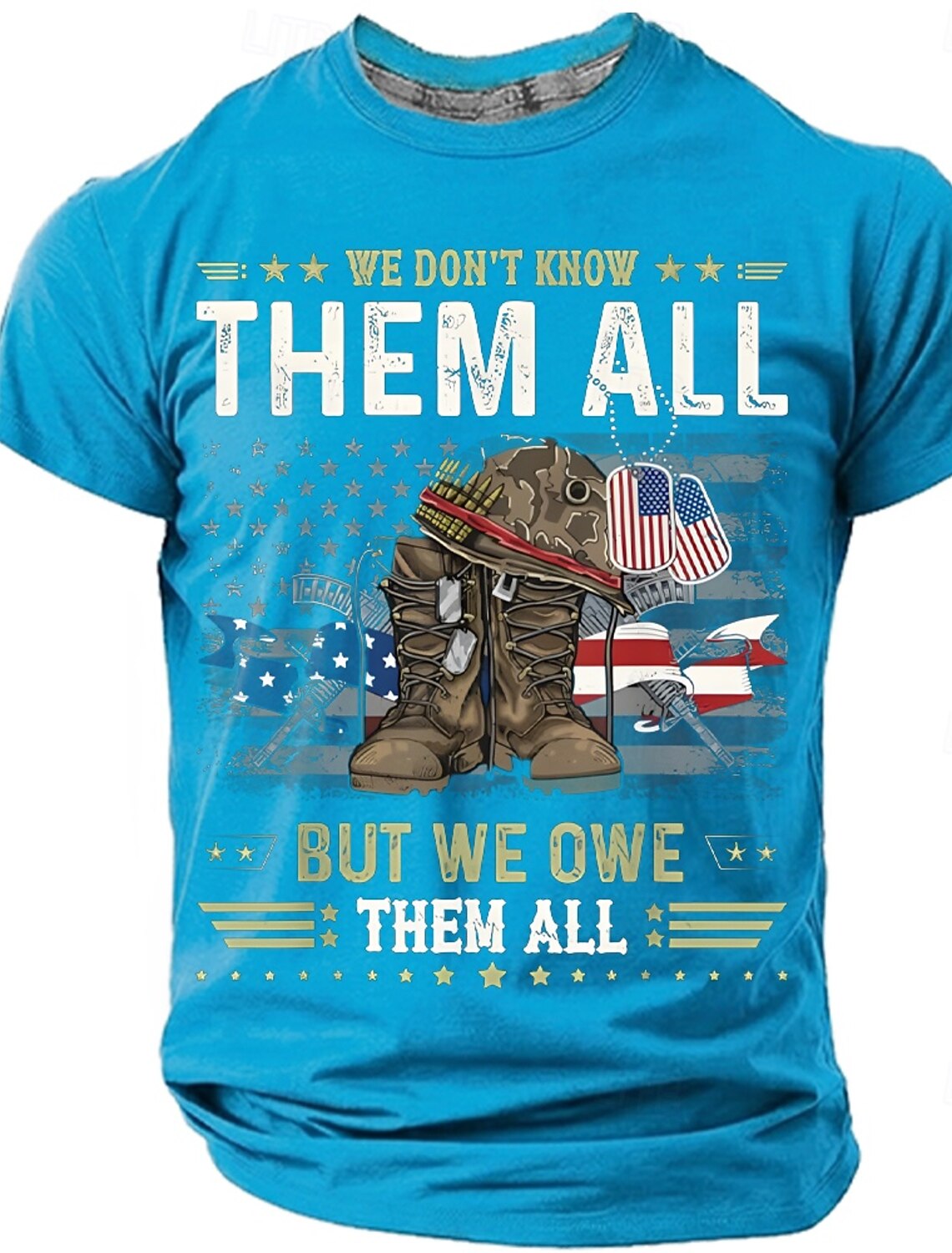 Memorial Day We Don't Know Them All But We Owe Them All Men's Combat Boots Dog Tags American Flag Patriotic Graphic T Shirt Distressed Vintage Short Sleeve Tee Designer Clothing Apparel S M L XL XXL X
