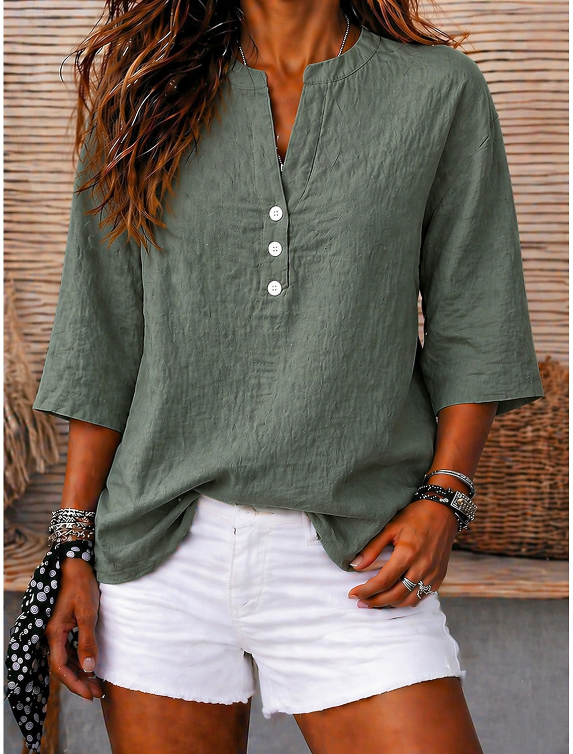 Women's T Shirt Henley Shirt Blouse Tee Elegant Daily Basic Fashion Half Sleeve V Neck Crop Tops Casual Daily Beach Khaki Black Pink Royal Blue Purple Summer Spring