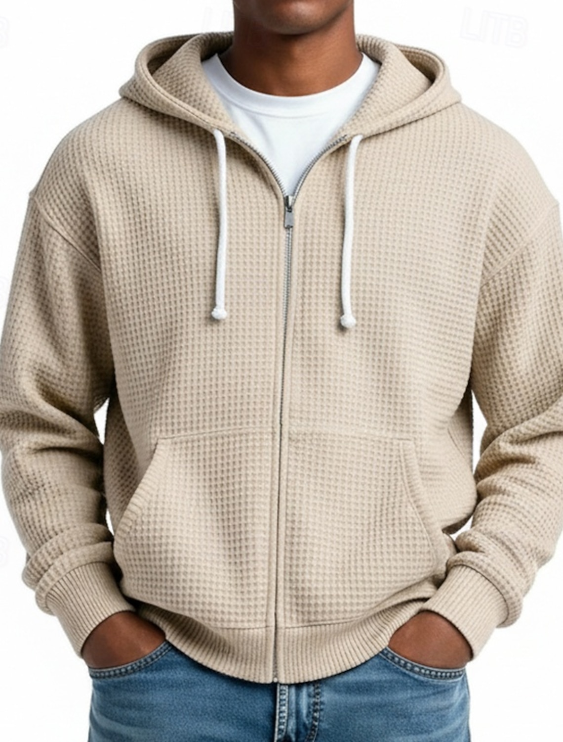 Men's Hoodie Full Zip Waffle Hoodies White Light Green Navy Blue Dark
