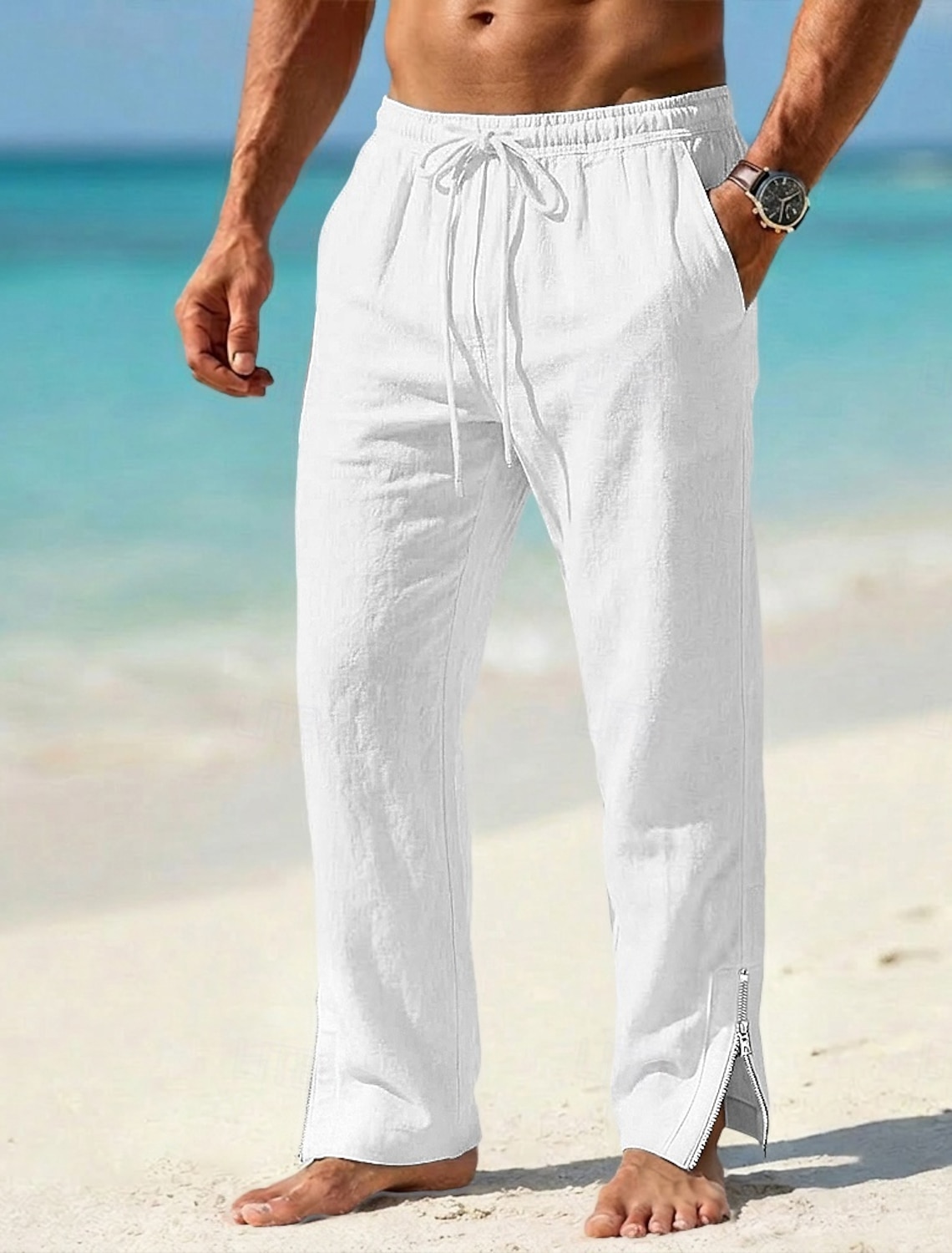 Men's Linen Pants Trousers Summer Pants Beach Pants Drawstring Zipper Elastic Waist Plain Comfort Breathable Full Length Outdoor Beach Holiday Vacation Fashion Khaki White Inelastic