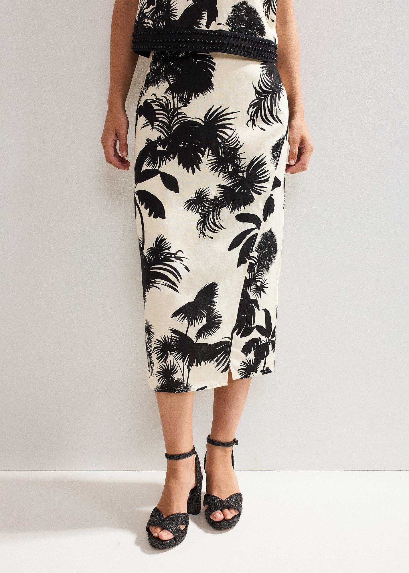 Vittoria Linen Blend Leaf Print Skirt