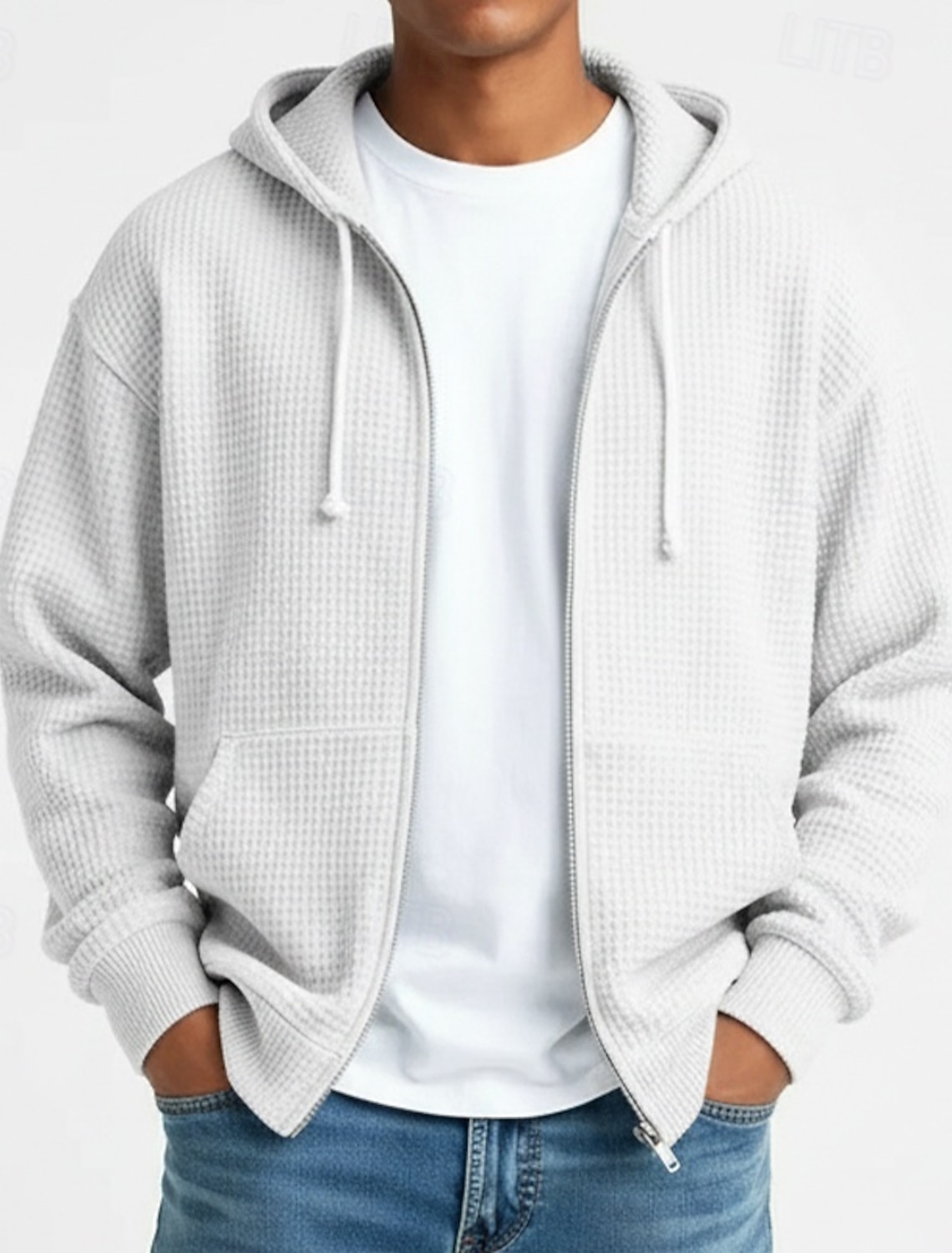 Men's Hoodie Full Zip Waffle Hoodies White Light Green Navy Blue Dark