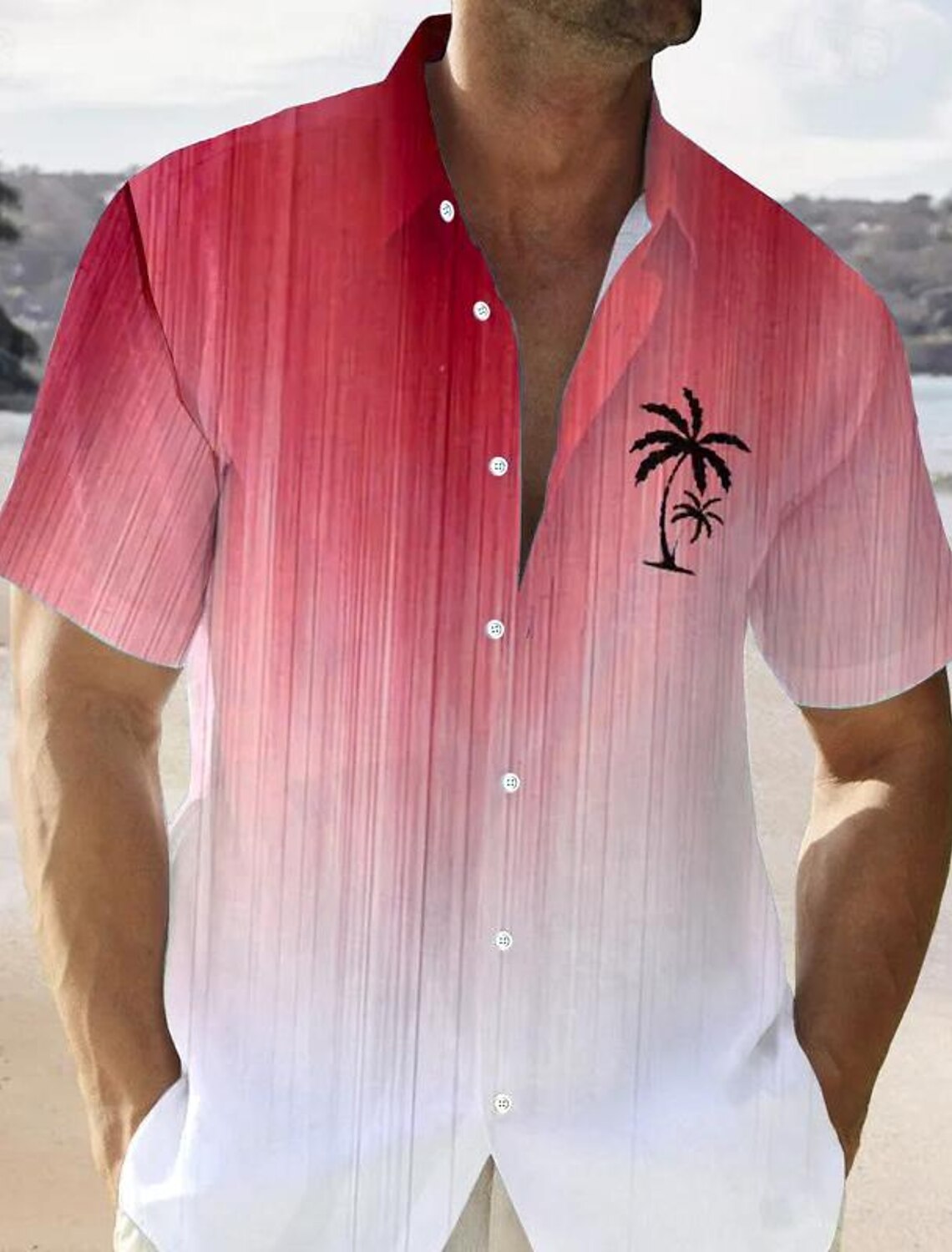 Color Gradient Palm Tree Men's Resort Hawaiian 3D Printed Shirt Button