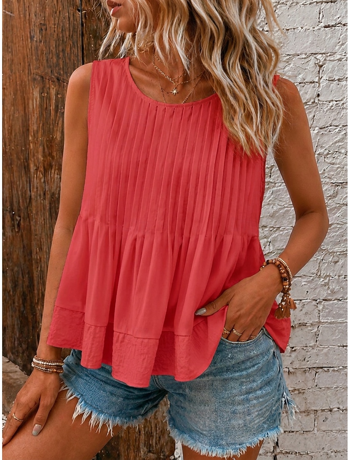 Women's Blouse Texture Pleated Patchwork Vintage Sleeveless Regular Tops Casual Blue White Yellow Pink Red Summer Spring