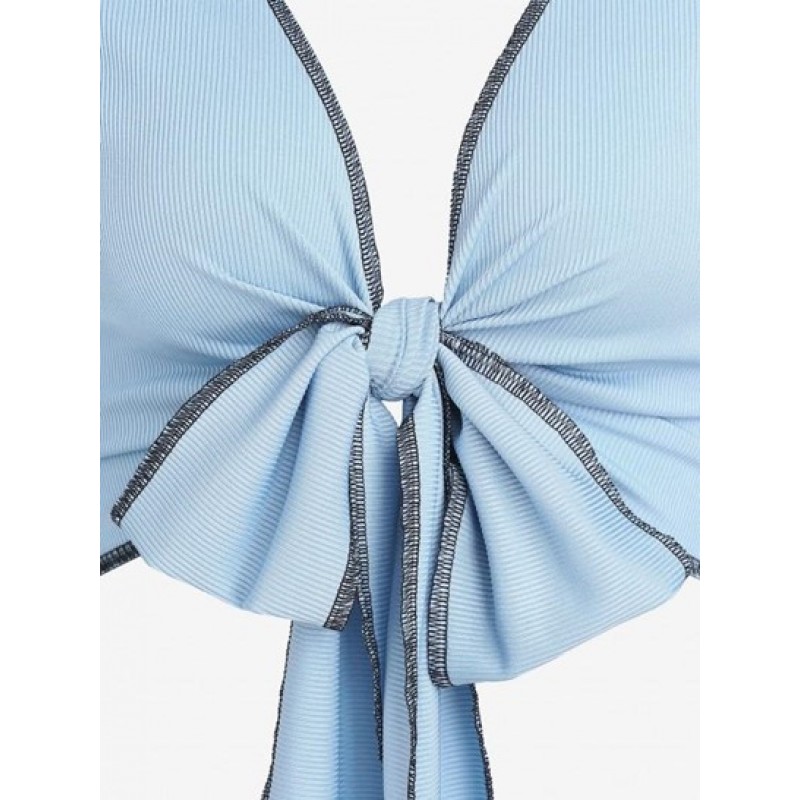 Ribbed Topstitching Tie Front Crop T Shirt SM3585