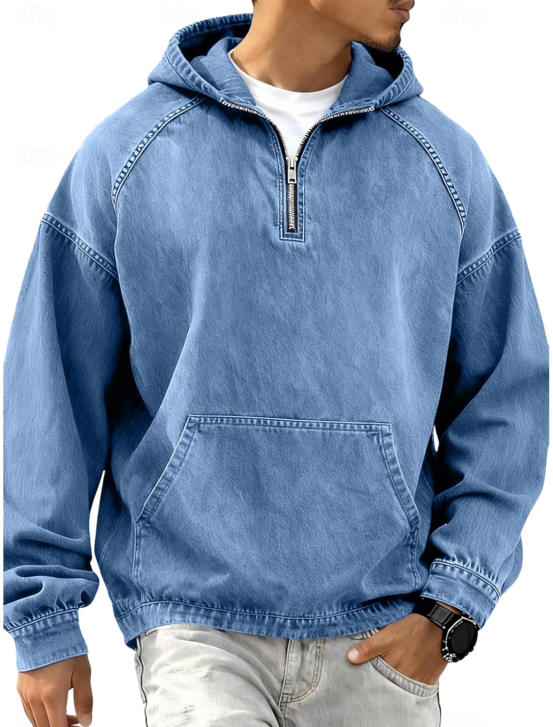 Men's Denim Shirt 100% Cotton Acid Wash Tee Top Long Sleeve Hooded