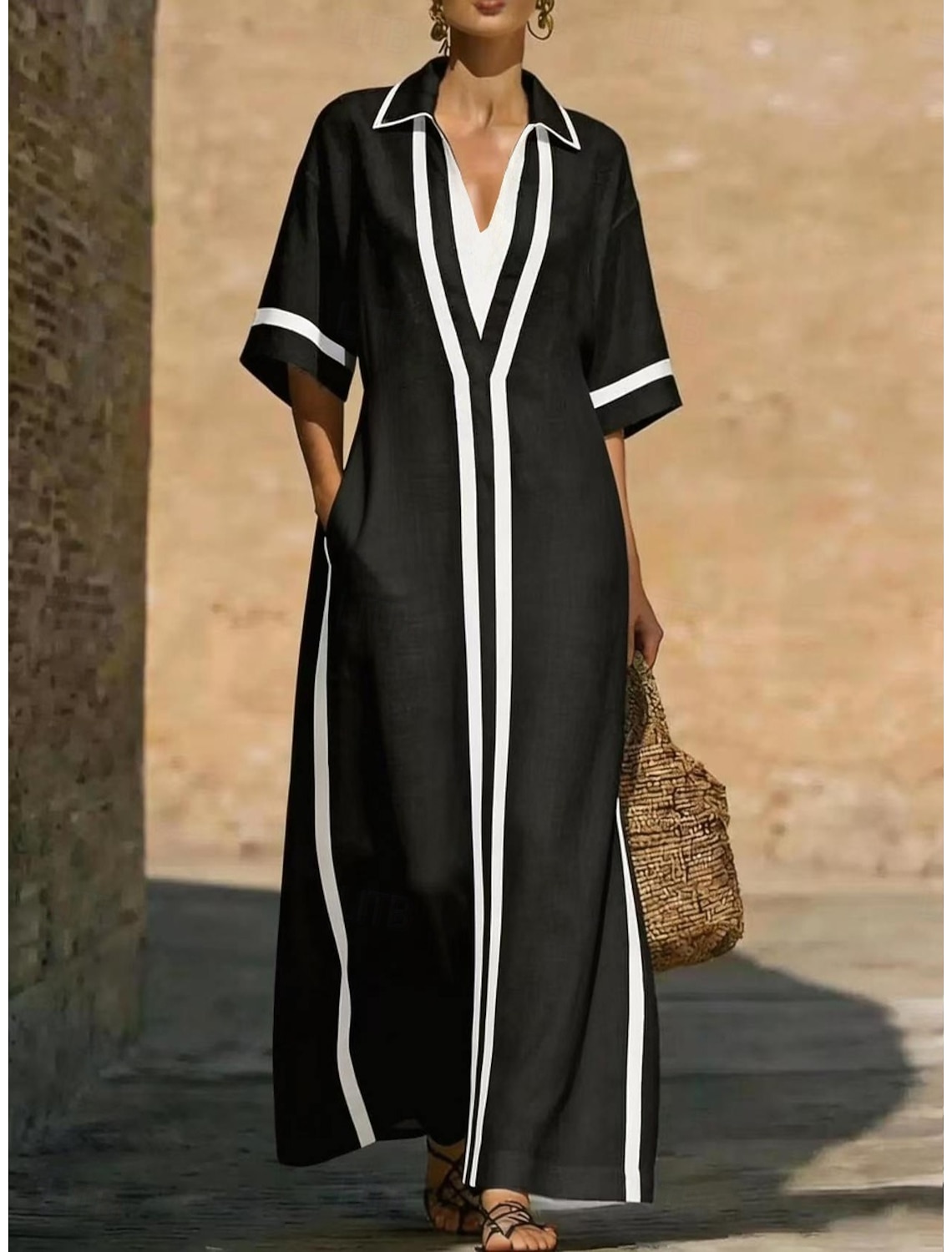 Women's Maxi Dress Casual Dress Summer Dress Elegant Basic Classic Daily Vacation Regular Fit Plain Half Sleeve Shirt Collar Black White Pink Apricot Summer Spring