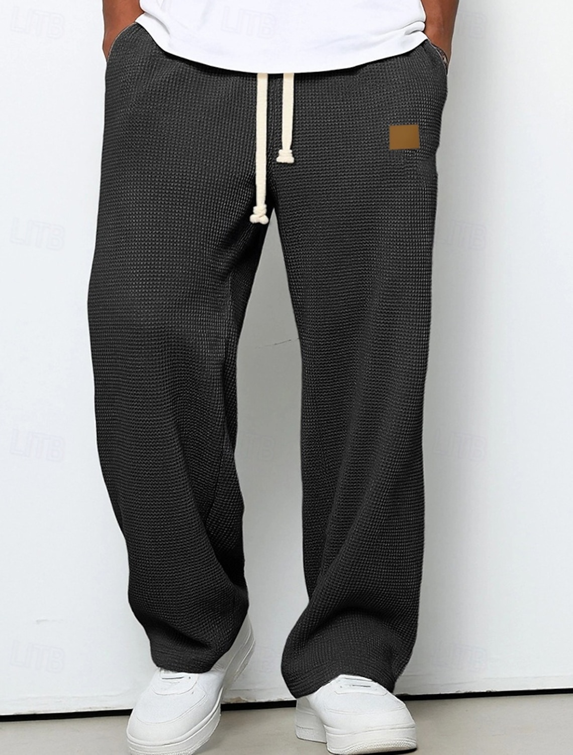 Men's Sweatpants Trousers Straight Leg Waffle Pants Drawstring Pocket
